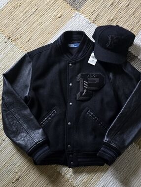 Ralph Lauren Black Wool and Leather Varsity Jacket & Hat